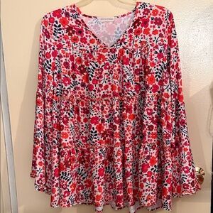 Grace + Emma Pink & Red Floral Tiered V-Neck Tunic